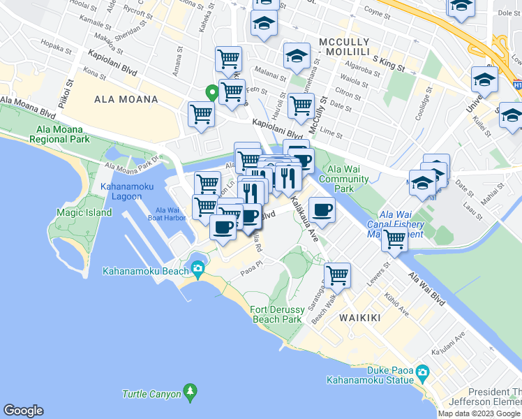 map of restaurants, bars, coffee shops, grocery stores, and more near 1920 Hawaii 92 in Honolulu