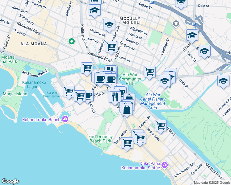 map of restaurants, bars, coffee shops, grocery stores, and more near 424 Kuamo'o Street in Honolulu