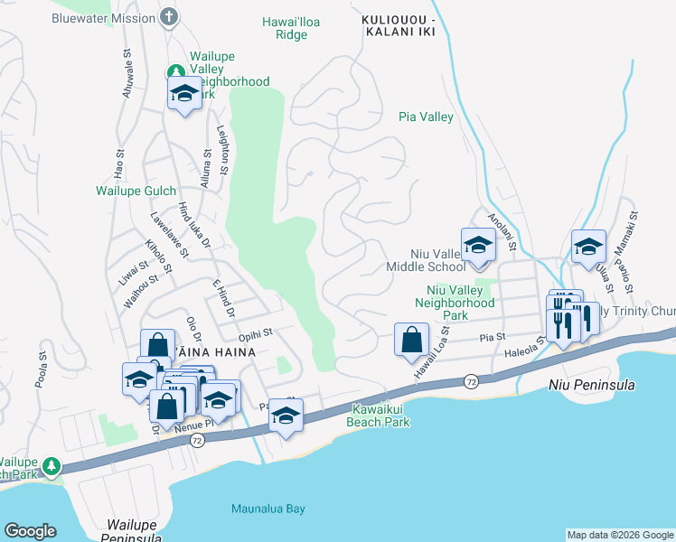 map of restaurants, bars, coffee shops, grocery stores, and more near 460 Puuikena Drive in Honolulu