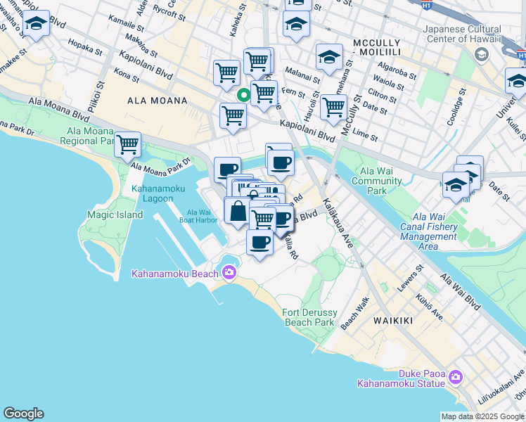 map of restaurants, bars, coffee shops, grocery stores, and more near 1820 Kaioʻo Drive in Honolulu