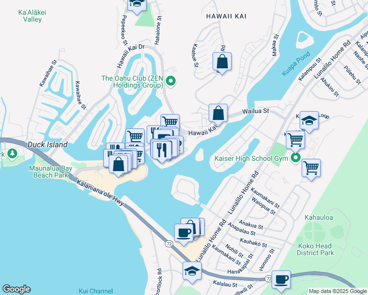 map of restaurants, bars, coffee shops, grocery stores, and more near 1 Keahole Place in Honolulu