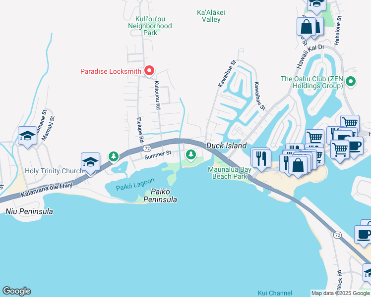 map of restaurants, bars, coffee shops, grocery stores, and more near 6173 Summer Street in Honolulu