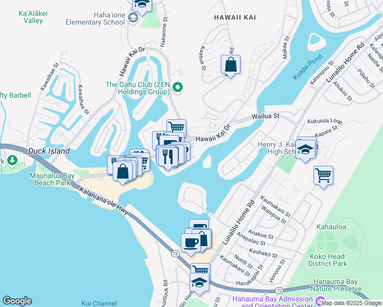 map of restaurants, bars, coffee shops, grocery stores, and more near 1 Keahole Place in Honolulu