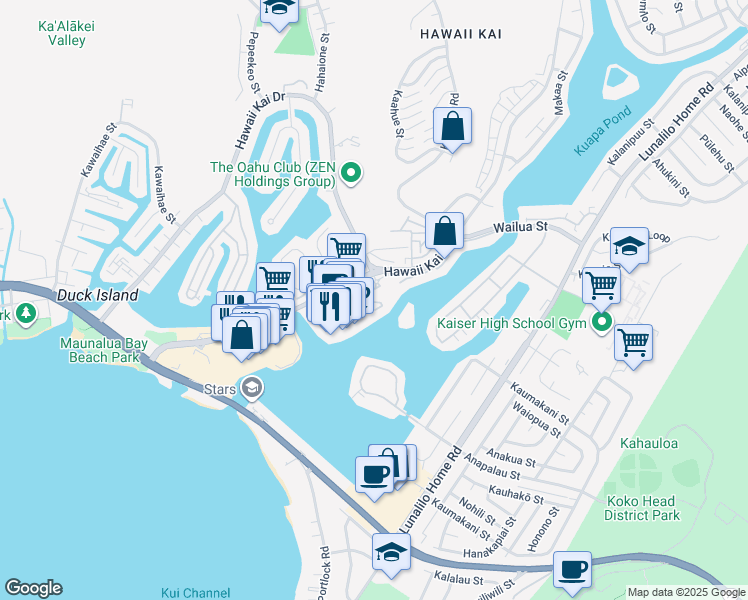 map of restaurants, bars, coffee shops, grocery stores, and more near 1 Keahole Place in Honolulu