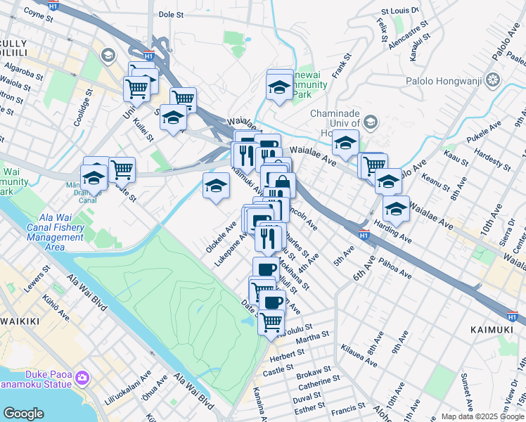 map of restaurants, bars, coffee shops, grocery stores, and more near 2818 Leialoha Avenue in Honolulu