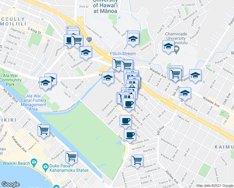 map of restaurants, bars, coffee shops, grocery stores, and more near 2818 Leialoha Avenue in Honolulu