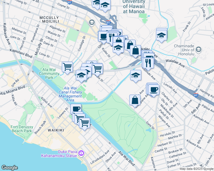 map of restaurants, bars, coffee shops, grocery stores, and more near 2637 Date Street in Honolulu