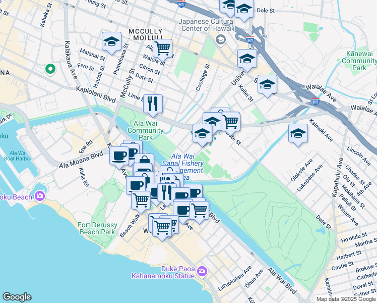 map of restaurants, bars, coffee shops, grocery stores, and more near 503 Kamoku Street in Honolulu