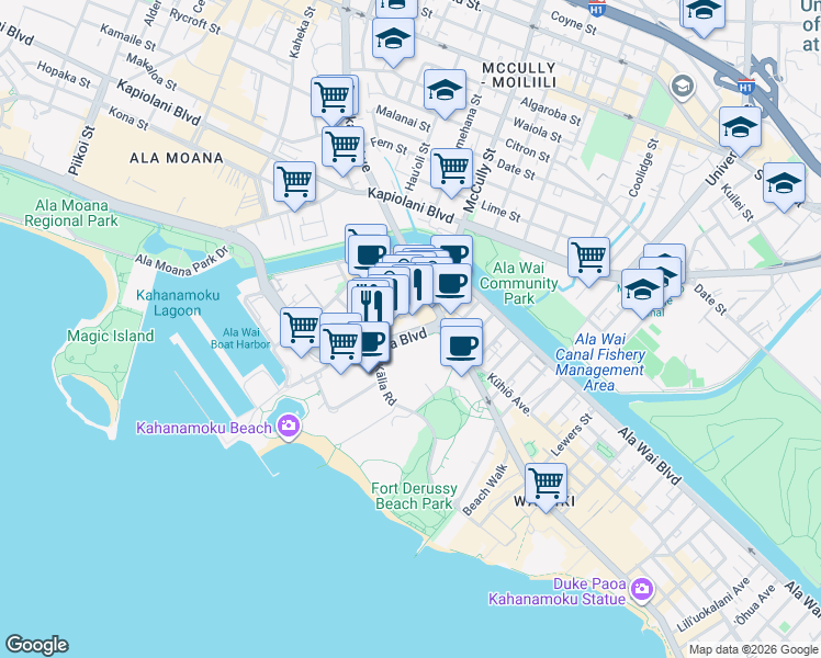 map of restaurants, bars, coffee shops, grocery stores, and more near 1920 Hawaii 92 in Honolulu