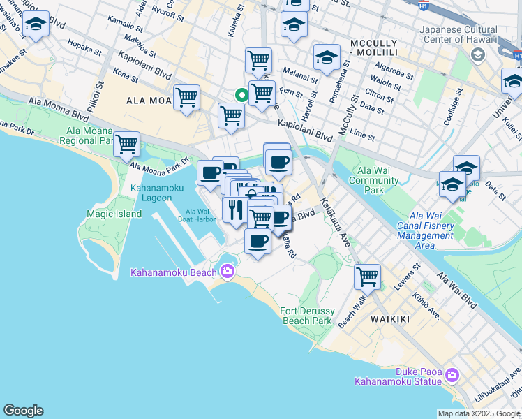 map of restaurants, bars, coffee shops, grocery stores, and more near 1804 Ala Moana Boulevard in Honolulu