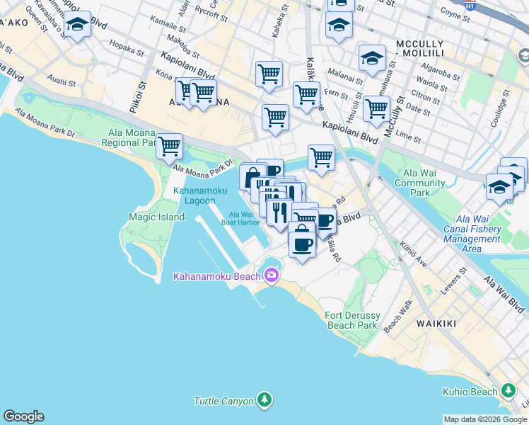 map of restaurants, bars, coffee shops, grocery stores, and more near 1775 Ala Moana Boulevard in Honolulu