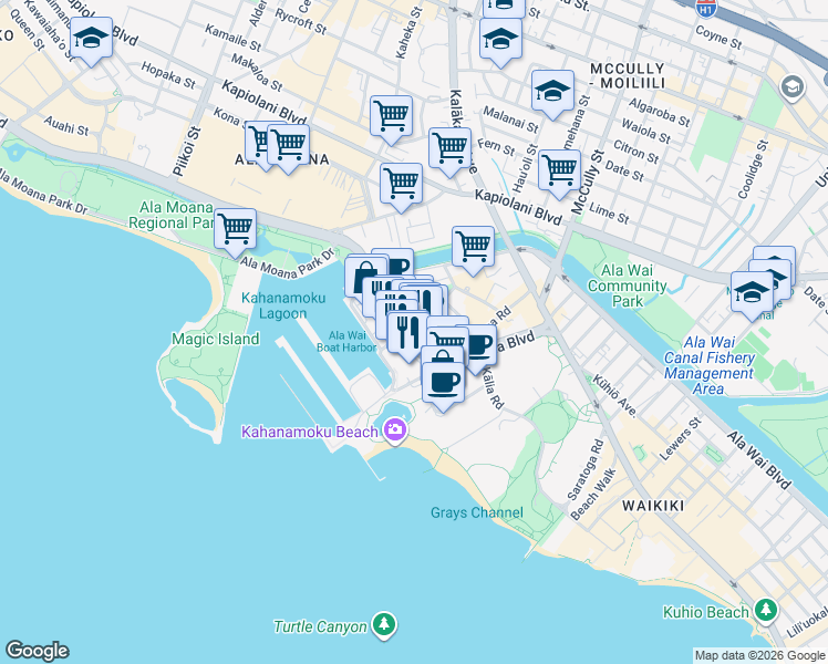 map of restaurants, bars, coffee shops, grocery stores, and more near 1775 Ala Moana Boulevard in Honolulu