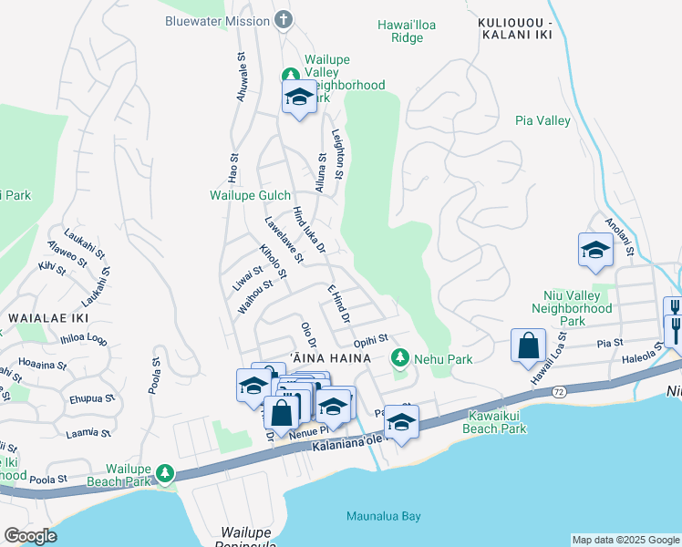 map of restaurants, bars, coffee shops, grocery stores, and more near 5308 Olapa Street in Honolulu