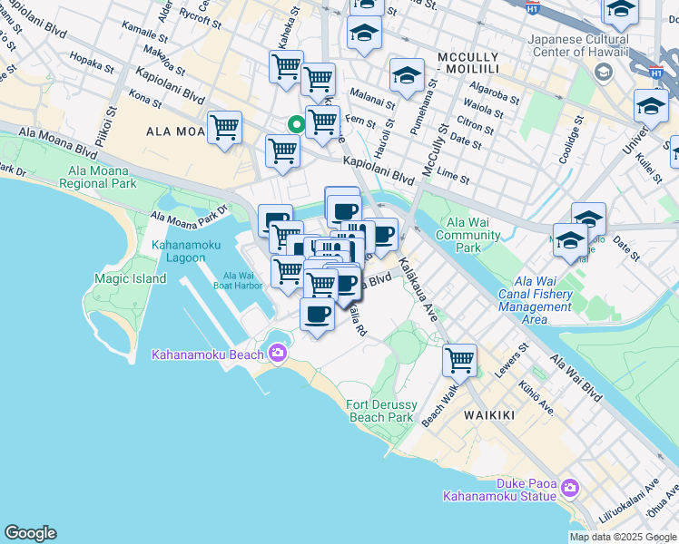 map of restaurants, bars, coffee shops, grocery stores, and more near 1849 Kaioo Drive in Honolulu