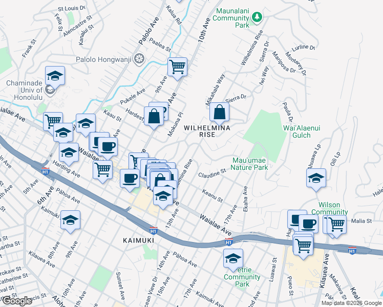 map of restaurants, bars, coffee shops, grocery stores, and more near 1379 13th Avenue in Honolulu