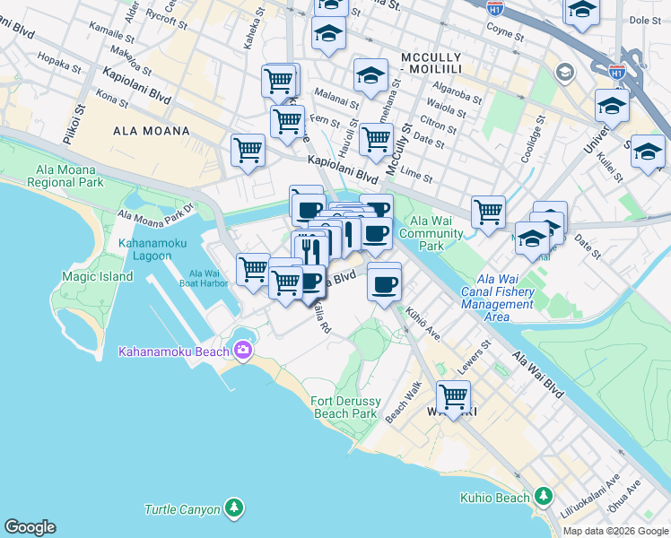 map of restaurants, bars, coffee shops, grocery stores, and more near 1920 Hawaii 92 in Honolulu