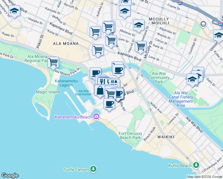 map of restaurants, bars, coffee shops, grocery stores, and more near 1810 Kaioo Drive in Honolulu