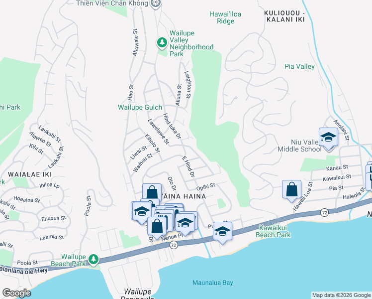 map of restaurants, bars, coffee shops, grocery stores, and more near 5308 Olapa Street in Honolulu
