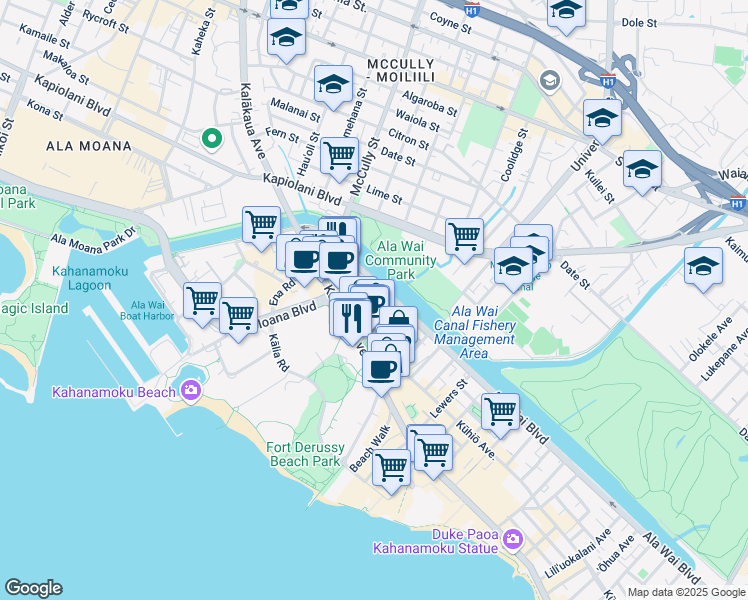 map of restaurants, bars, coffee shops, grocery stores, and more near 424 Kuamo'o Street in Honolulu