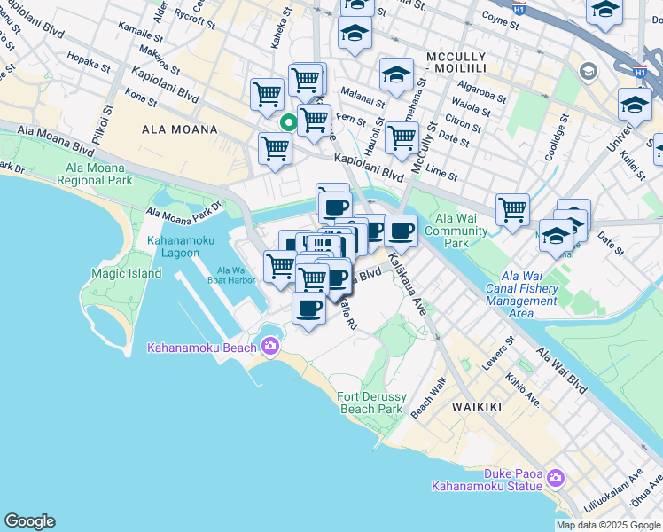map of restaurants, bars, coffee shops, grocery stores, and more near 1860 Ala Moana Boulevard in Honolulu