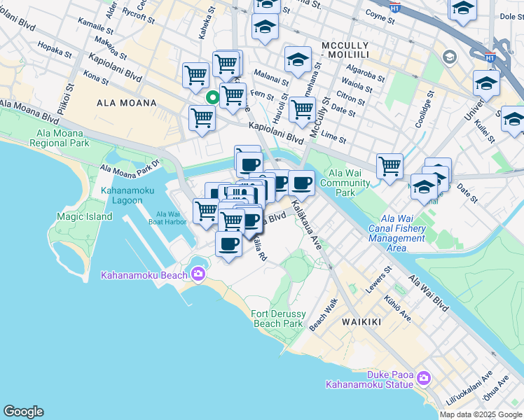 map of restaurants, bars, coffee shops, grocery stores, and more near 1860 Ala Moana Boulevard in Honolulu