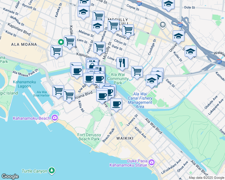 map of restaurants, bars, coffee shops, grocery stores, and more near 2015 Ala Wai Boulevard in Honolulu