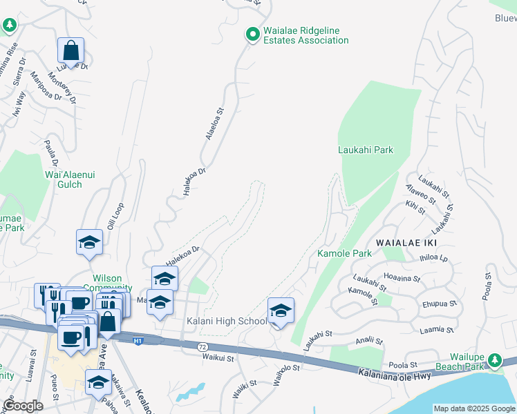 map of restaurants, bars, coffee shops, grocery stores, and more near 1543 Ainakoa Avenue in Honolulu