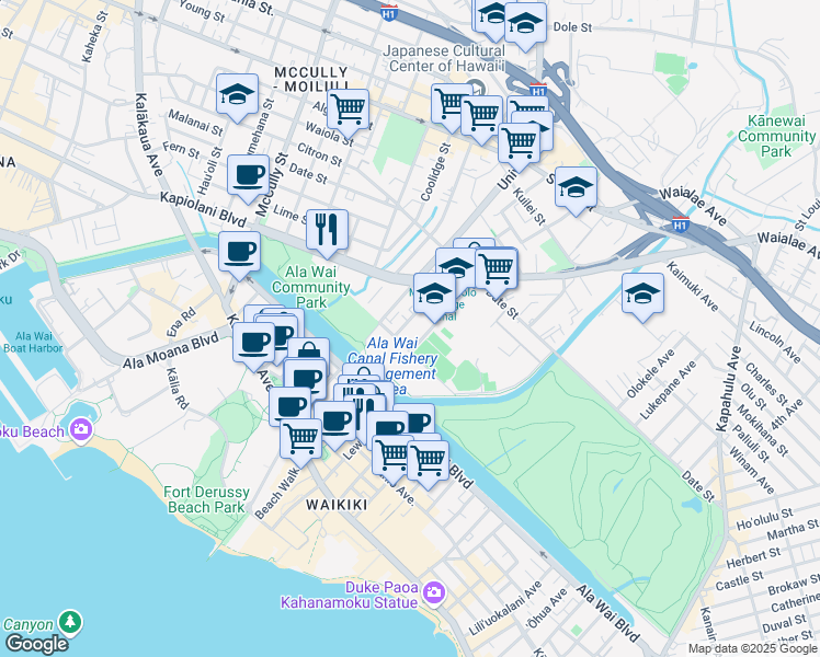 map of restaurants, bars, coffee shops, grocery stores, and more near 521 Lauiki Street in Honolulu