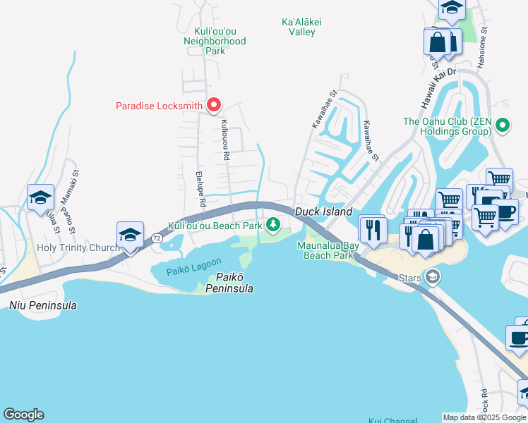 map of restaurants, bars, coffee shops, grocery stores, and more near 6172A May Way in Honolulu