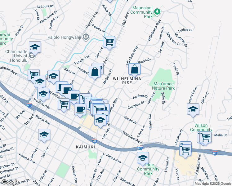 map of restaurants, bars, coffee shops, grocery stores, and more near 3654 Anuhea Street in Honolulu
