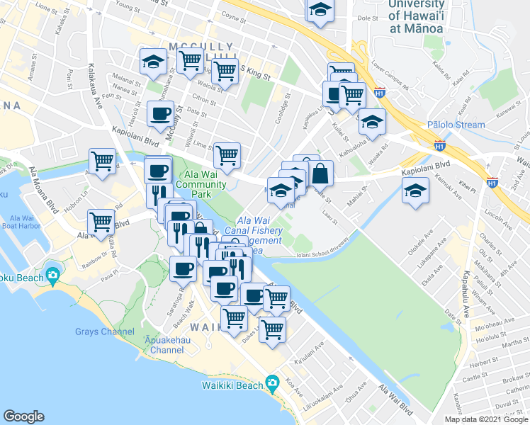 map of restaurants, bars, coffee shops, grocery stores, and more near 500 University Avenue in Honolulu