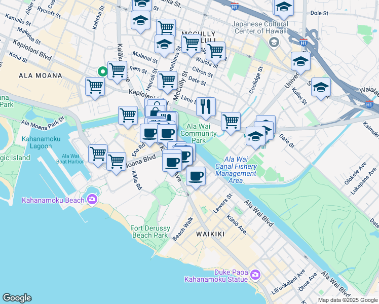 map of restaurants, bars, coffee shops, grocery stores, and more near 1965 Ala Wai Boulevard in Honolulu