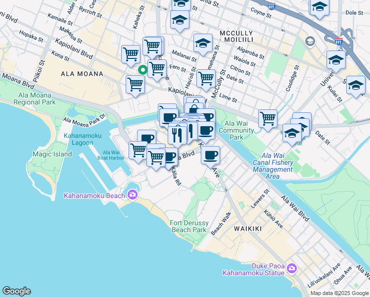 map of restaurants, bars, coffee shops, grocery stores, and more near in Honolulu