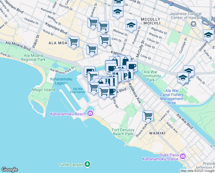 map of restaurants, bars, coffee shops, grocery stores, and more near 425 Ena Road in Honolulu