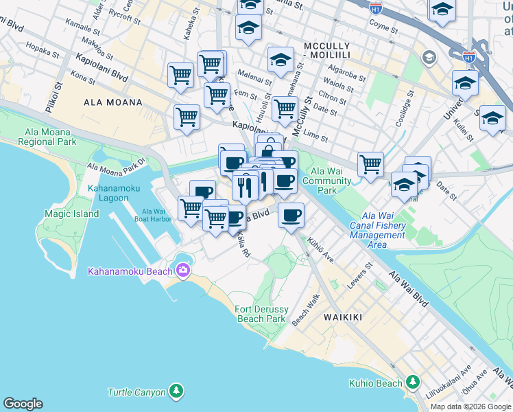 map of restaurants, bars, coffee shops, grocery stores, and more near in Honolulu