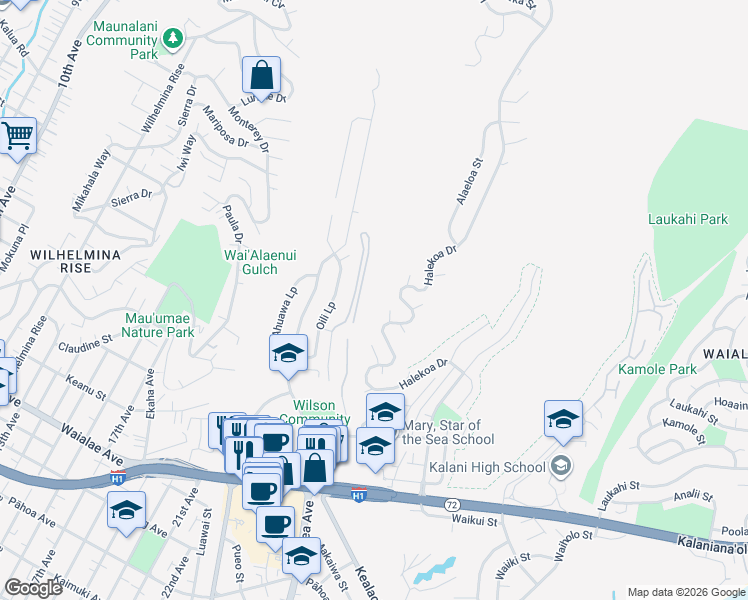 map of restaurants, bars, coffee shops, grocery stores, and more near 1384 Hoakoa Place in Honolulu