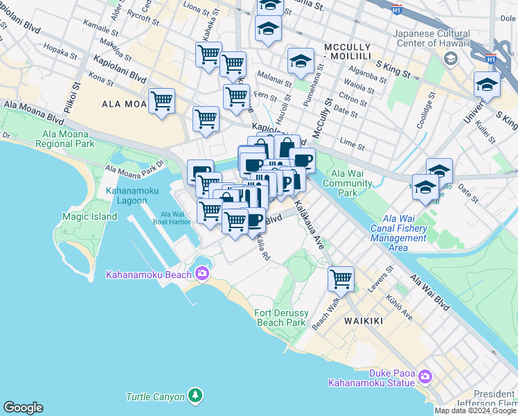 map of restaurants, bars, coffee shops, grocery stores, and more near 425 Ena Road in Honolulu
