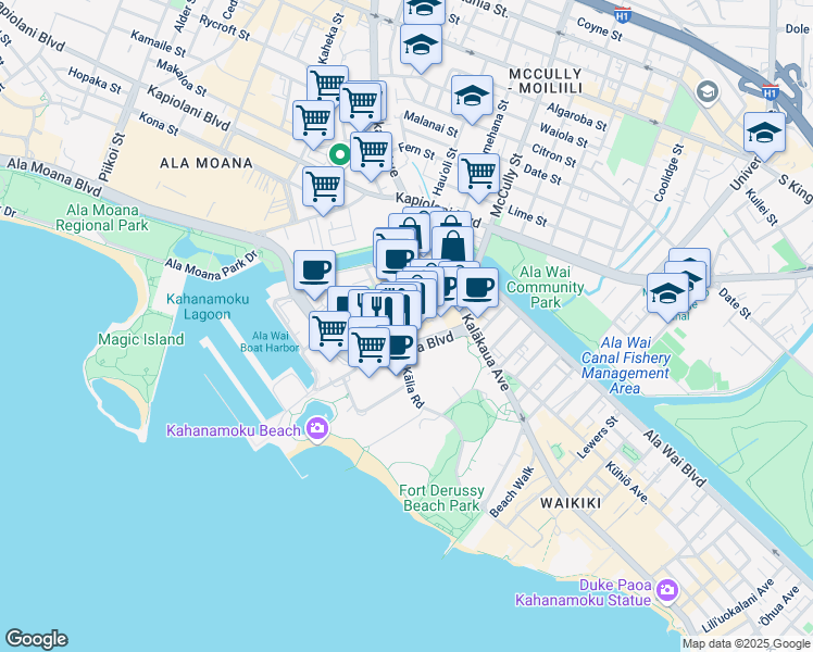map of restaurants, bars, coffee shops, grocery stores, and more near in Honolulu