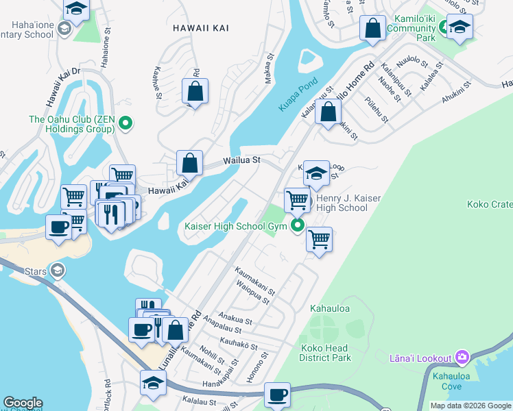 map of restaurants, bars, coffee shops, grocery stores, and more near 520 Lunalilo Home Road in Honolulu