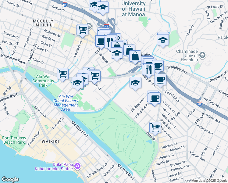 map of restaurants, bars, coffee shops, grocery stores, and more near 2630 Nahaku Place in Honolulu
