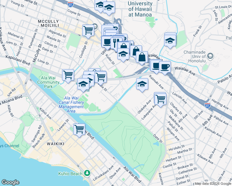 map of restaurants, bars, coffee shops, grocery stores, and more near 736 Mahiai Street in Honolulu