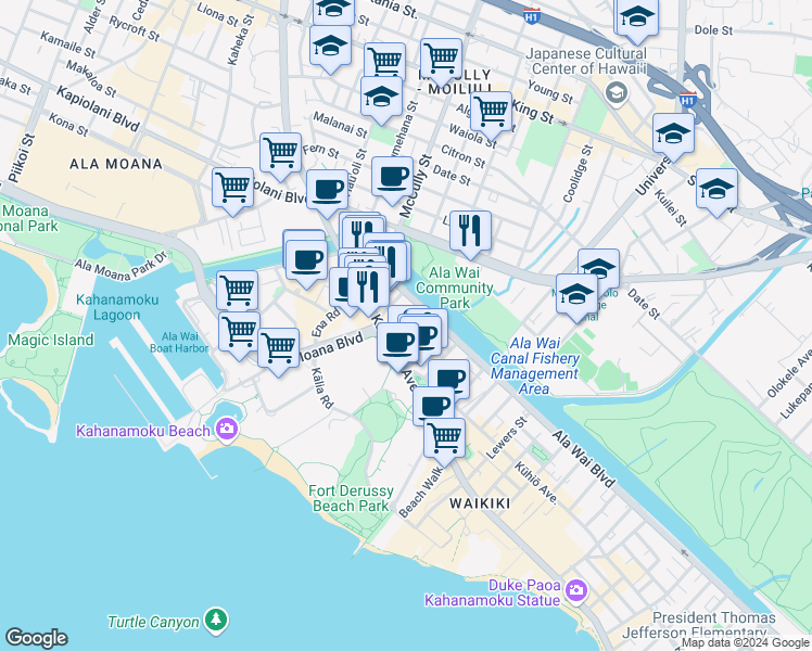 map of restaurants, bars, coffee shops, grocery stores, and more near in Honolulu