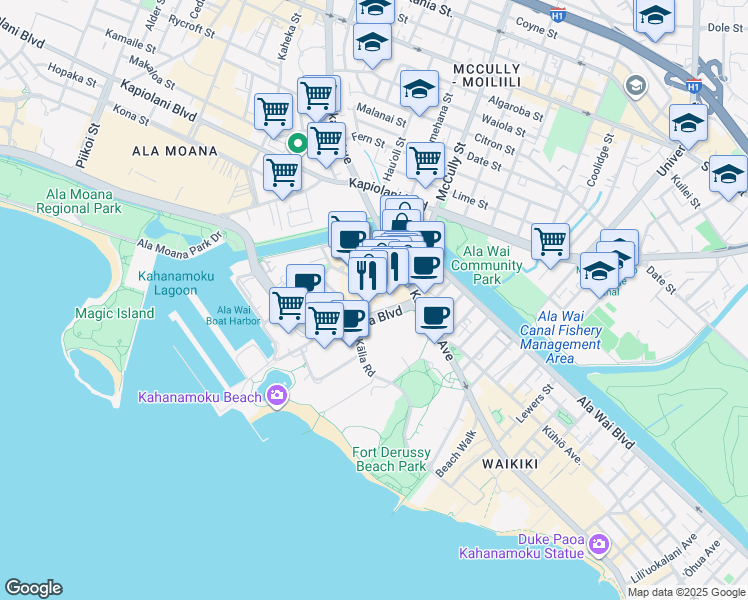 map of restaurants, bars, coffee shops, grocery stores, and more near in Honolulu
