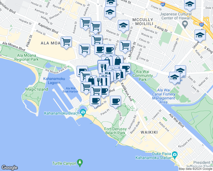 map of restaurants, bars, coffee shops, grocery stores, and more near in Honolulu