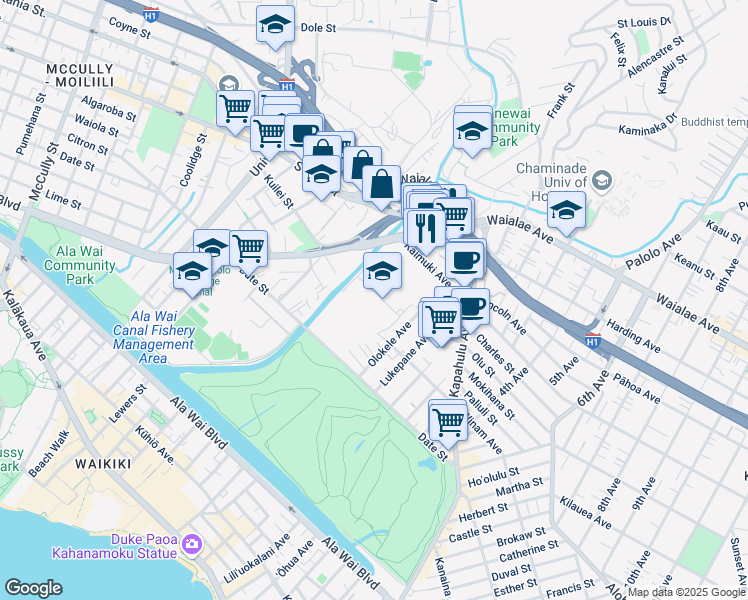 map of restaurants, bars, coffee shops, grocery stores, and more near 2705 Kaimuki Avenue in Honolulu