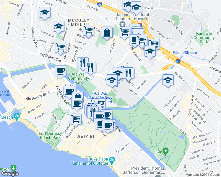 map of restaurants, bars, coffee shops, grocery stores, and more near 534 Kamoku Street in Honolulu