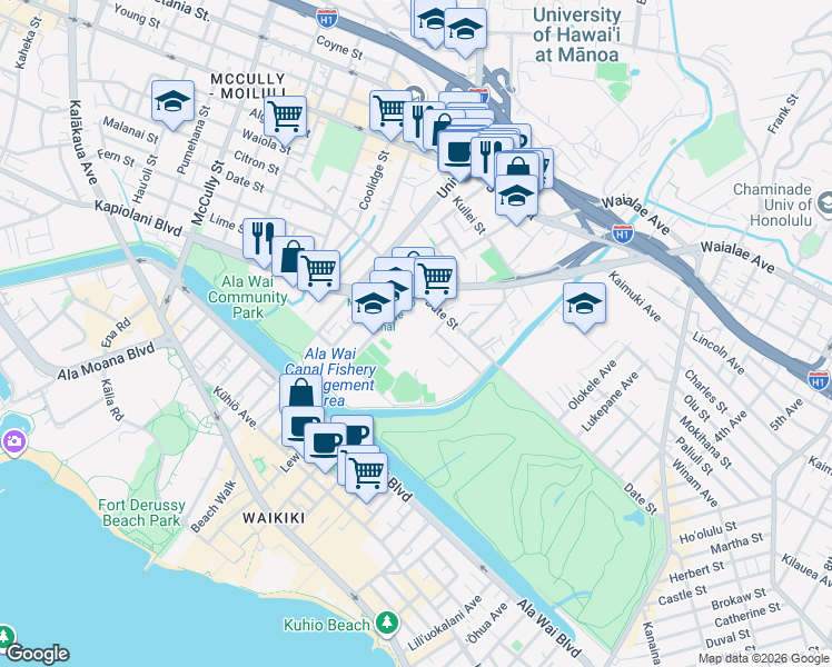 map of restaurants, bars, coffee shops, grocery stores, and more near 583 Kamoku Street in Honolulu