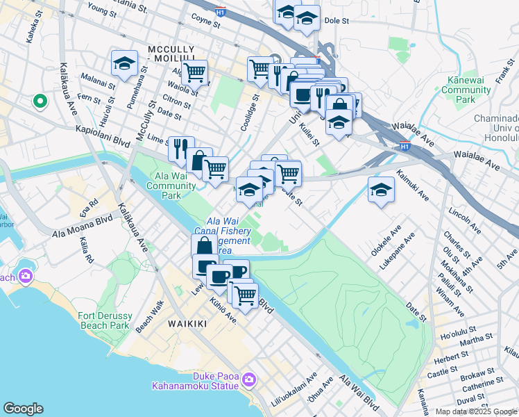 map of restaurants, bars, coffee shops, grocery stores, and more near 563 Kamoku Street in Honolulu