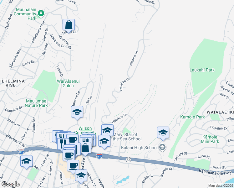 map of restaurants, bars, coffee shops, grocery stores, and more near 1794 Halekoa Dr in Honolulu