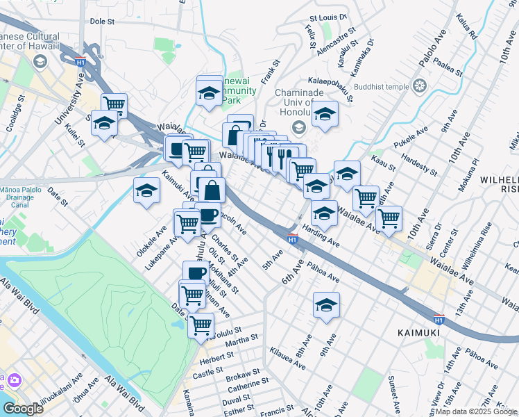 map of restaurants, bars, coffee shops, grocery stores, and more near 3127 Harding Avenue in Honolulu